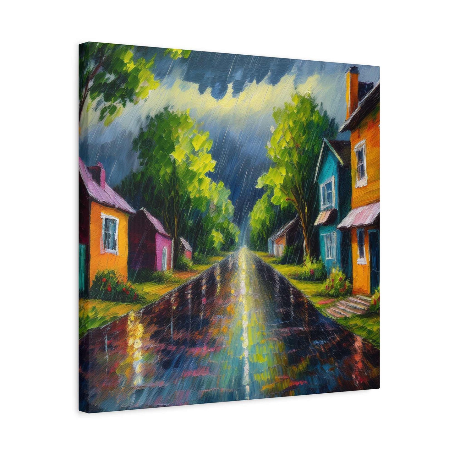 Rainy Village Street Canvas, Matte Oil Paint Print 20x20, 24x24, 30x30, 32x32, 36x36, Art Design Print Non-Frame MC-2