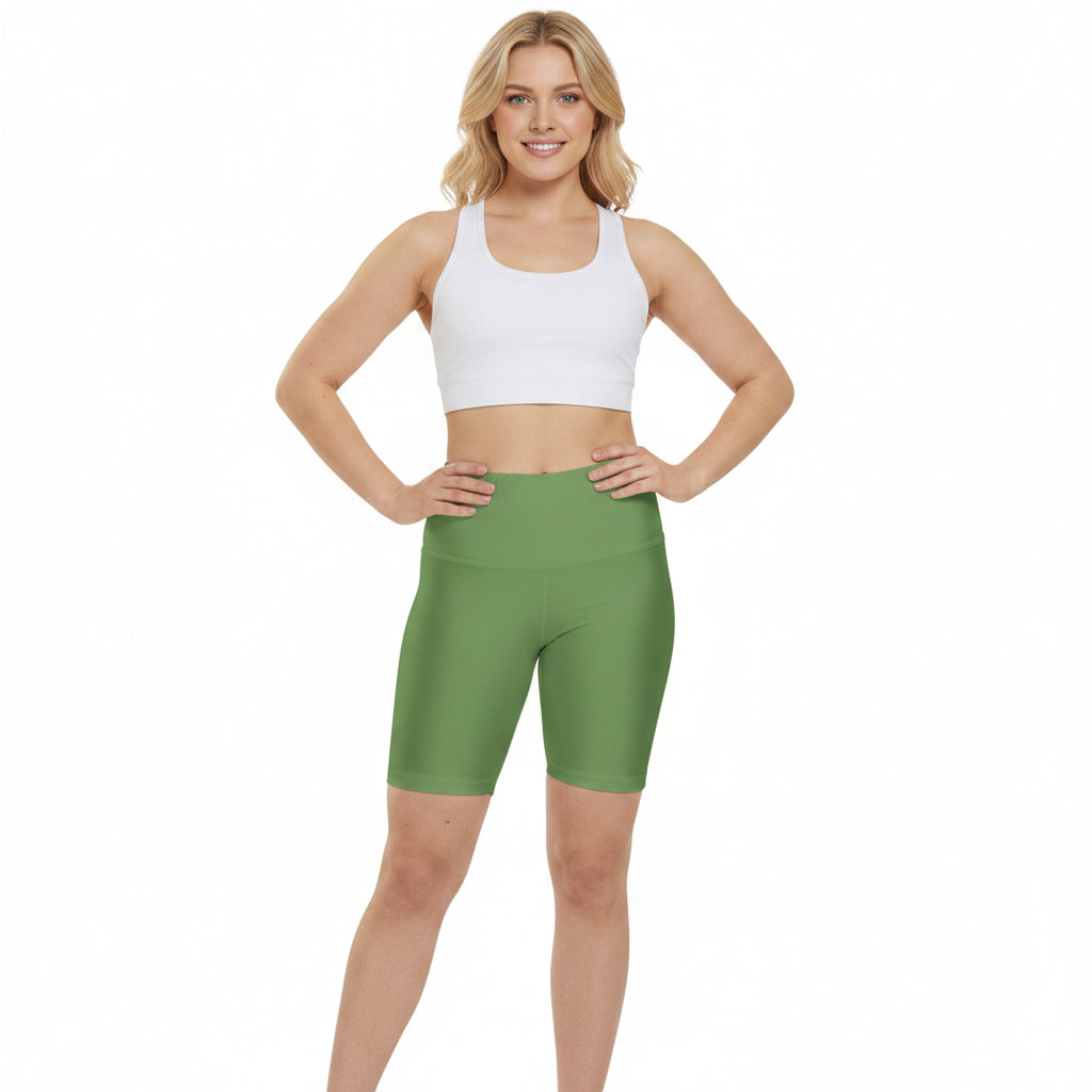 Sage Green Workout Shorts — Women's High-Waist Athletic Biker Shorts (Solid Green)