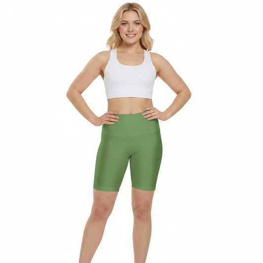 Sage Green Workout Shorts — Women's High-Waist Athletic Biker Shorts (Solid Green)