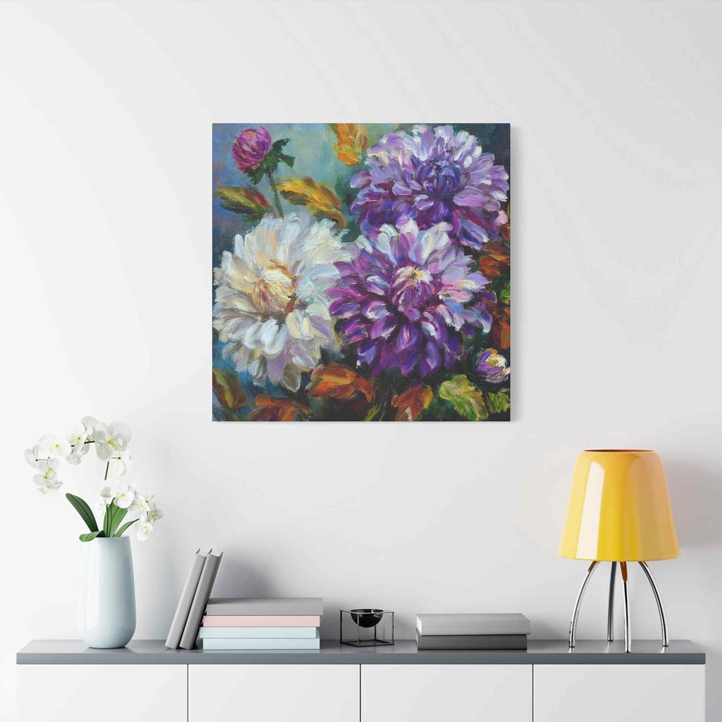 Dahlias Floral Print Canvas, Floral Oil Paint Print 20x20, 24x24, 30x30, 32x32, 36x36 Art Design Pine-Wood Inner Frame MC-173