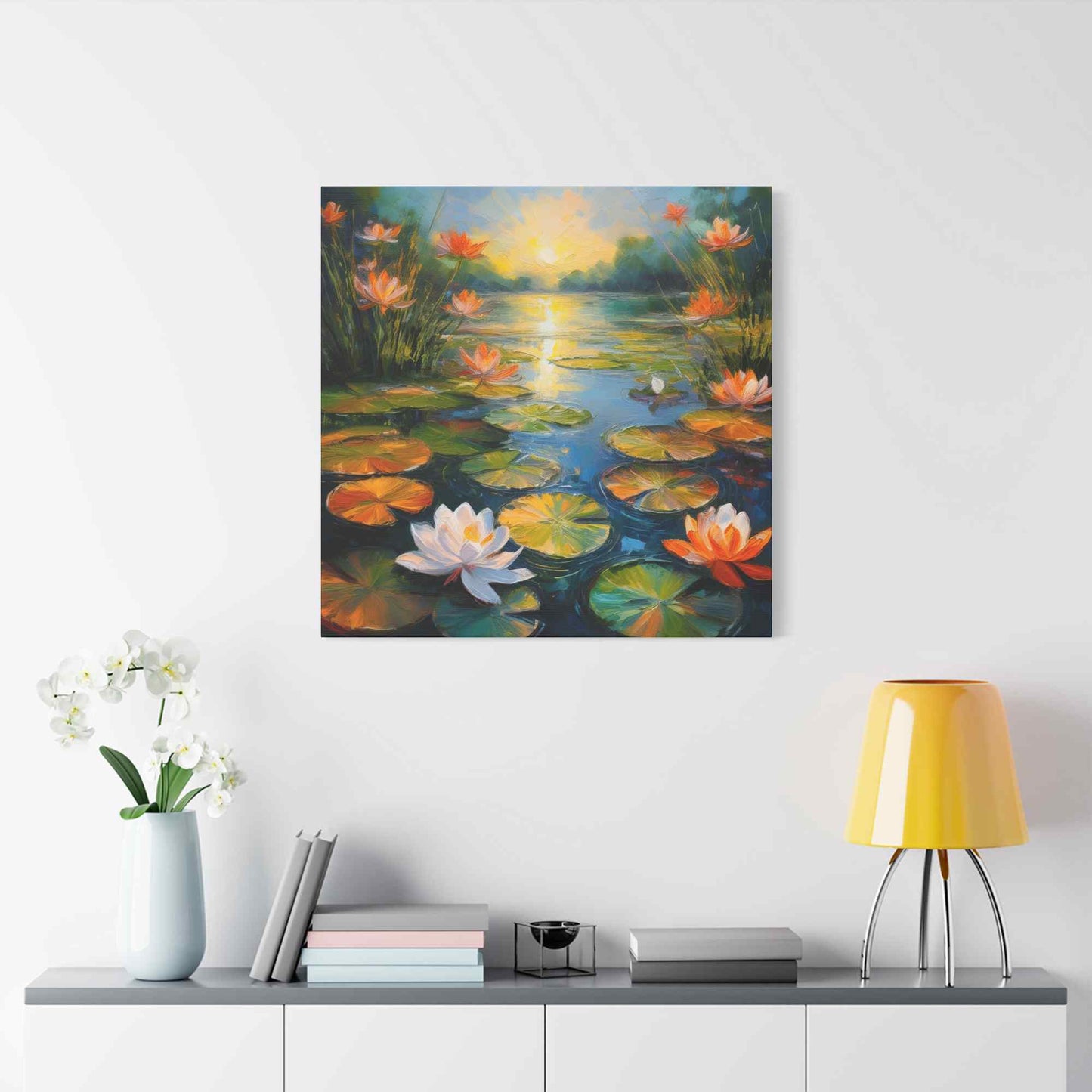 Water Lilies Print Canvas, Oil Paint Print 20x20, 24x24, 30x30, 32x32, 36x36 Art Design Print Pine-Wood Inner Frame MC-63