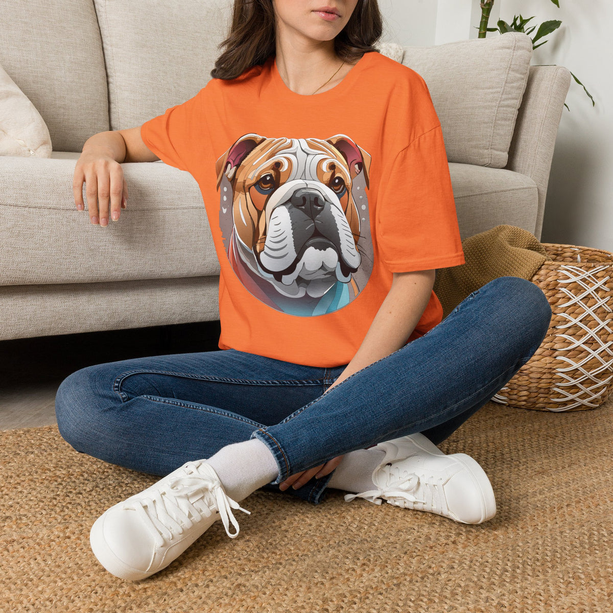 Bulldog Graphic T-Shirt — Colorful English Bulldog Portrait Graphic Design Unisex 100 Cotton Gildan T-Shirt