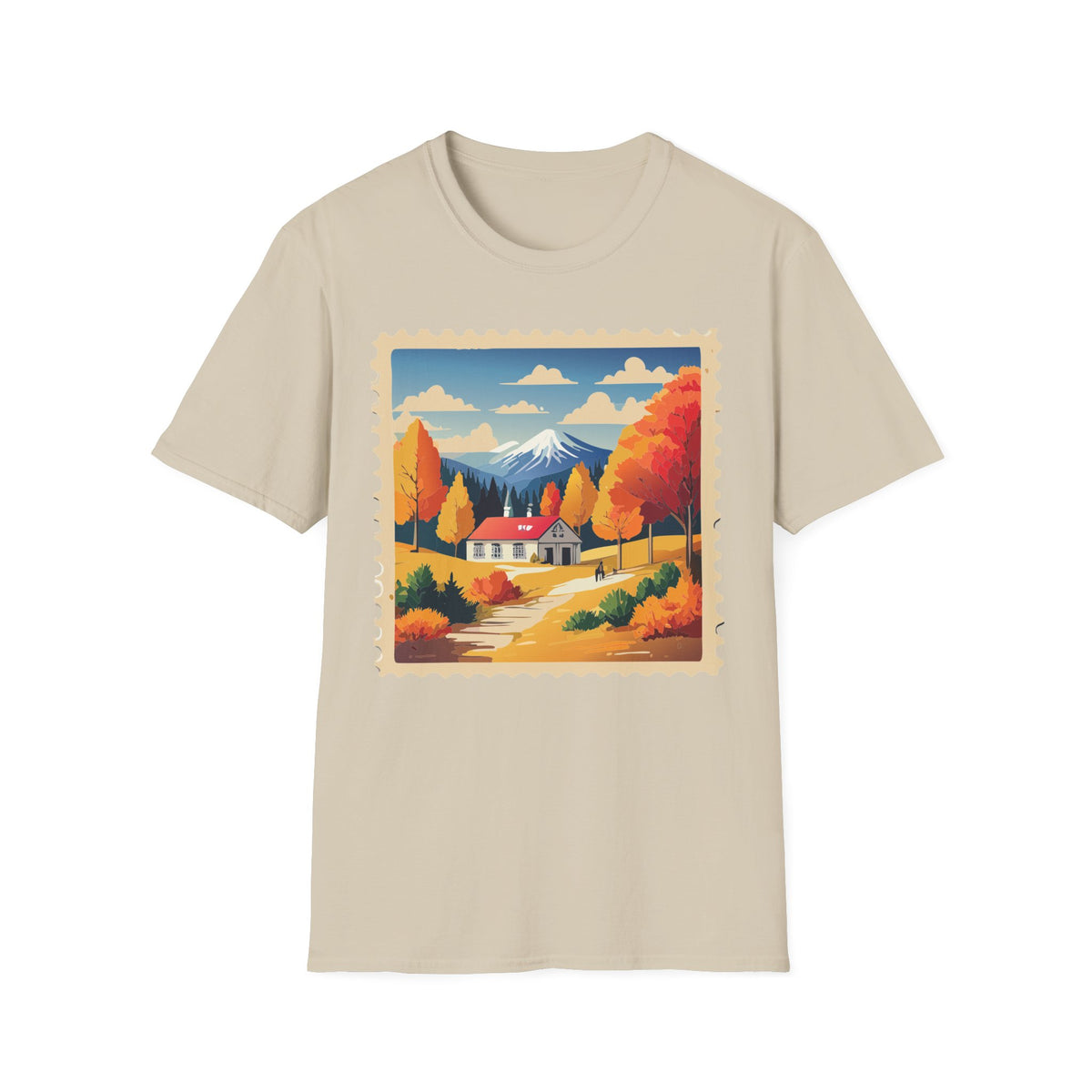 Autumn Mountain Cabin T-Shirt | Fall Landscape Stamp Art