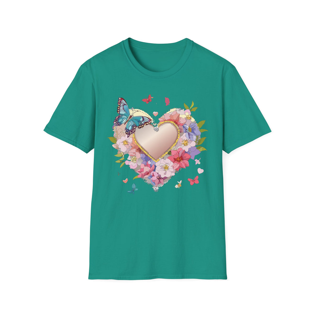 Butterfly Floral Heart Pink Gold Heart with Flowers and Butterflies Graphic Design Unisex 100 Cotton Gildan T-Shirt