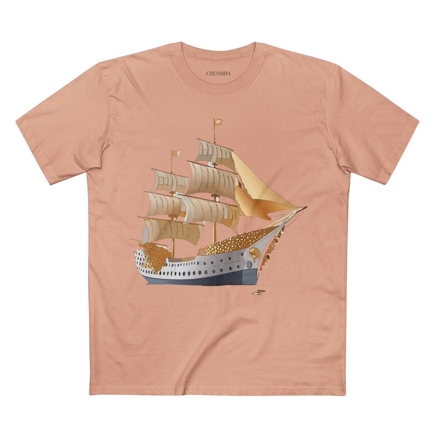 Ship Graphic Unisex 100 Cotton T-Shirt with Gold Frigate Art Design 25