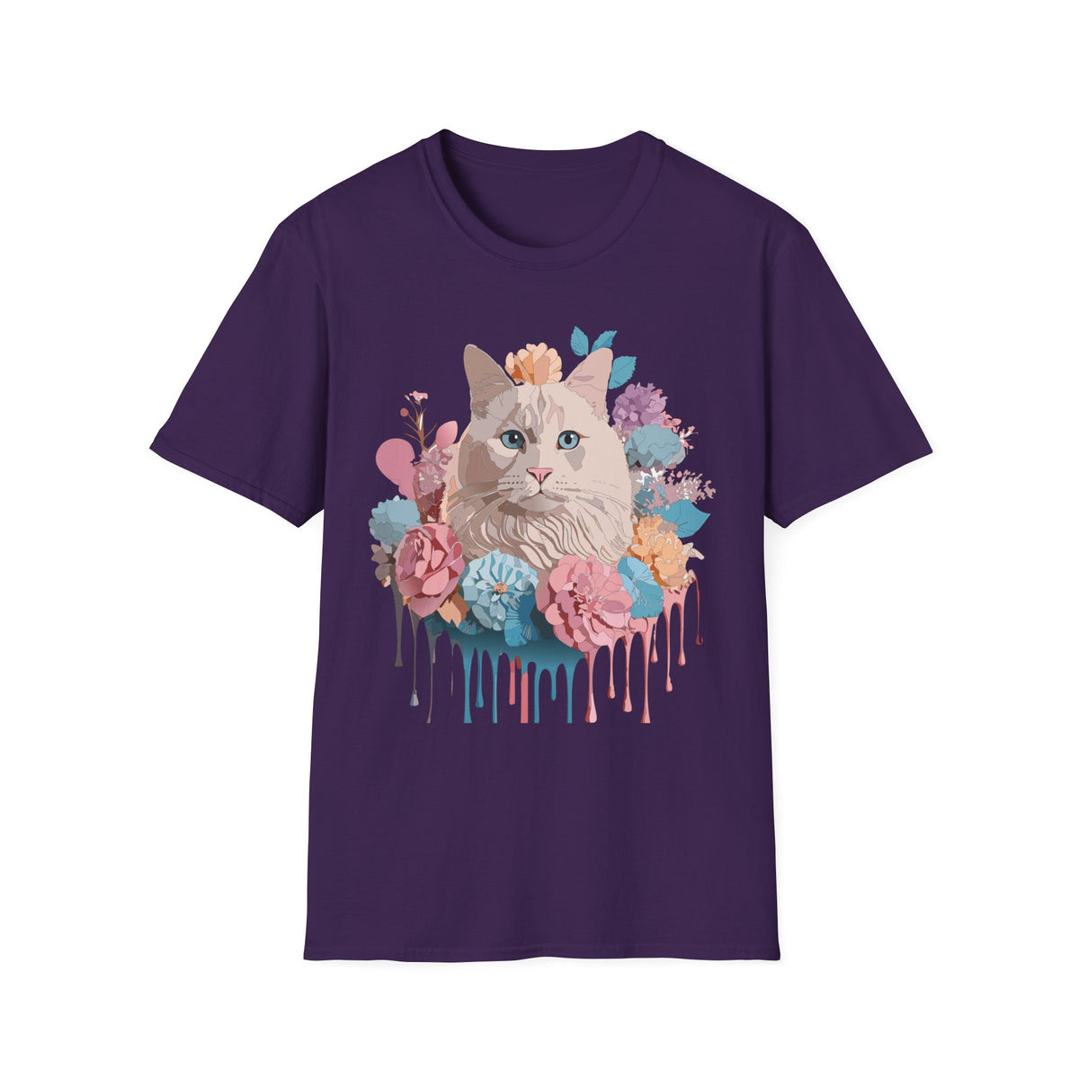 Floral Cat Portrait T-Shirt | Watercolor Kitty with Flowers