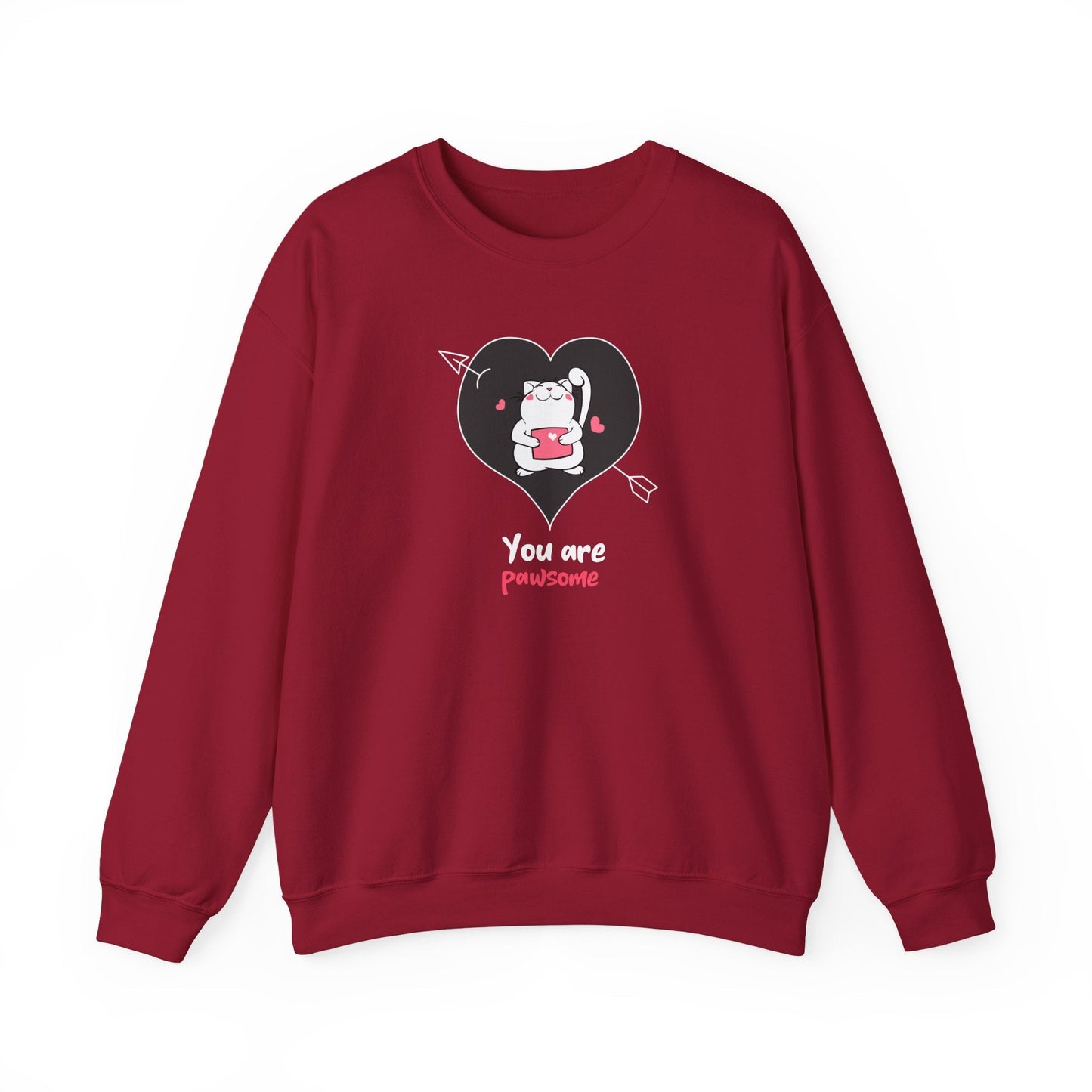 Cat Heart Sweatshirt Unisex Valentines Day Fifty Fifty Cotton Poly Crewneck Gildan 18000