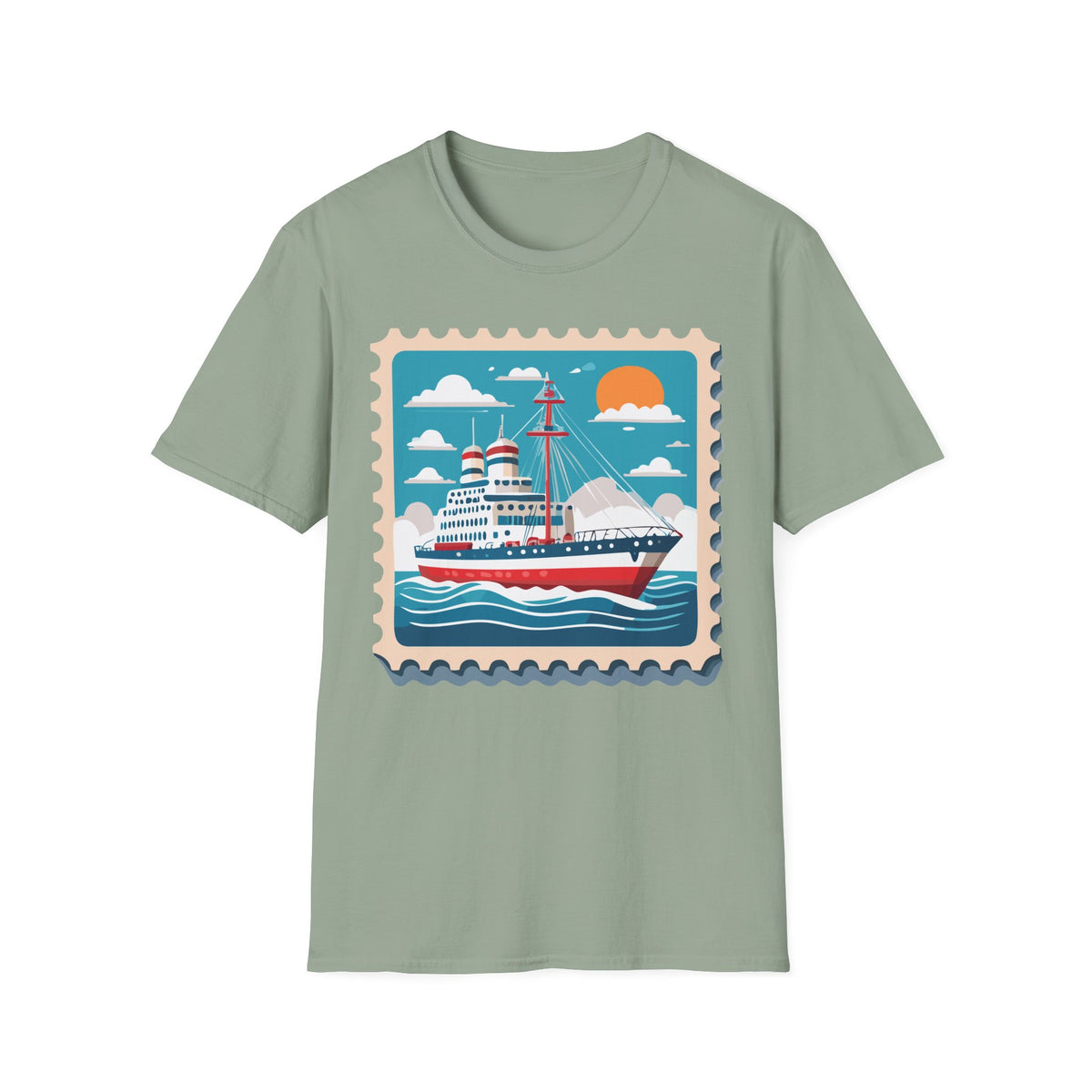 Vintage Cruise Ship Stamp T-Shirt | Nautical Ocean Sunset Design