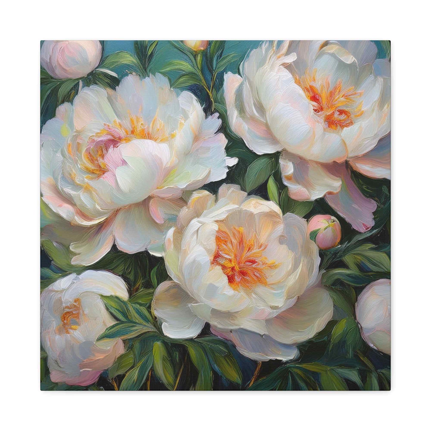 White Peonies Print Canvas, Floral Oil Paint Print 20x20, 24x24, 30x30, 32x32, 36x36 Art Design Pine-Wood Inner Frame MC-123