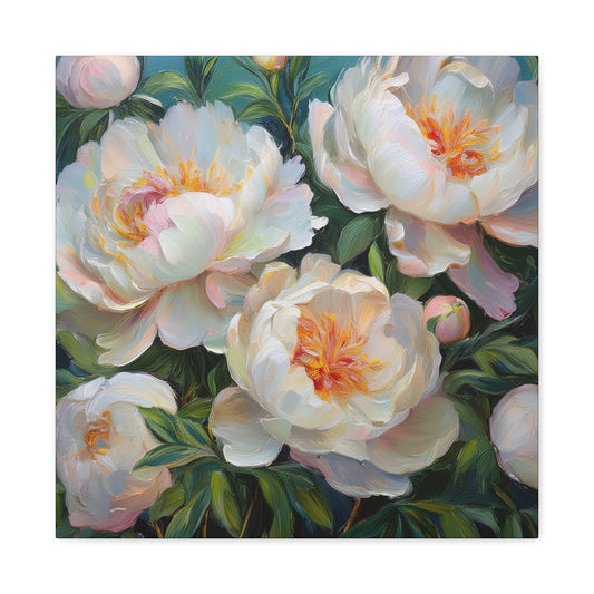 White Peonies Print Canvas, Floral Oil Paint Print 20x20, 24x24, 30x30, 32x32, 36x36 Art Design Pine-Wood Inner Frame MC-123