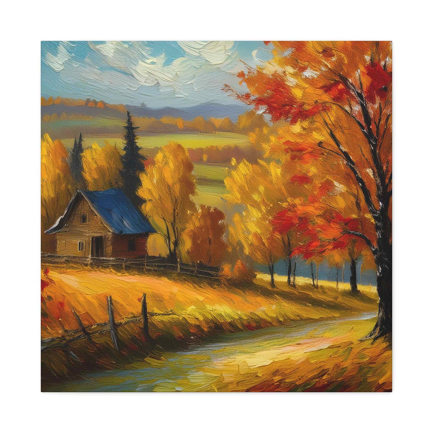 Countryside Fall Print Canvas, Oil Paint Print 20x20, 24x24, 30x30, 32x32, 36x36 Art Design Pine-Wood Inner Frame MC-107