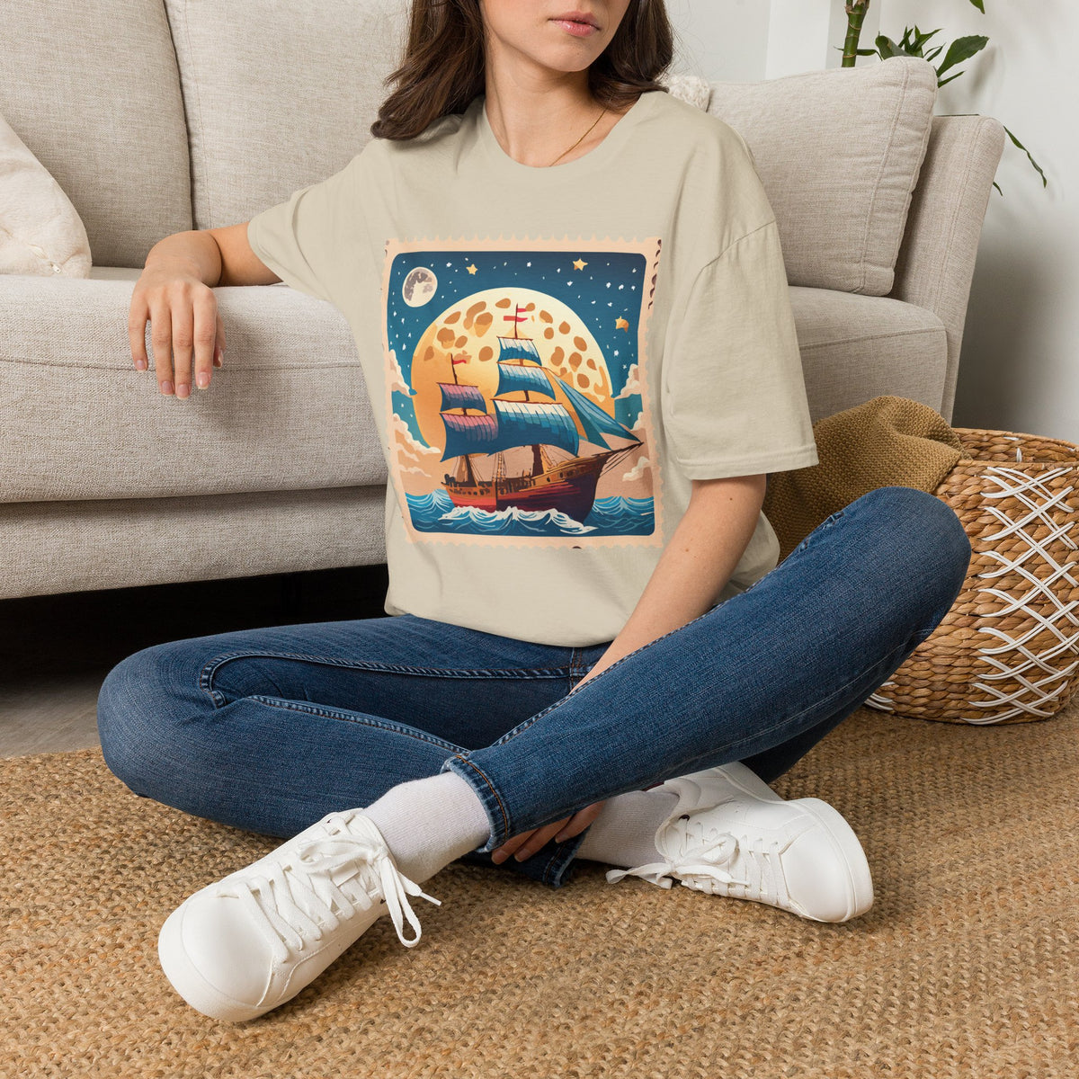 Vintage Sailboat at Moonrise T-Shirt | Nautical Sunset Illustration