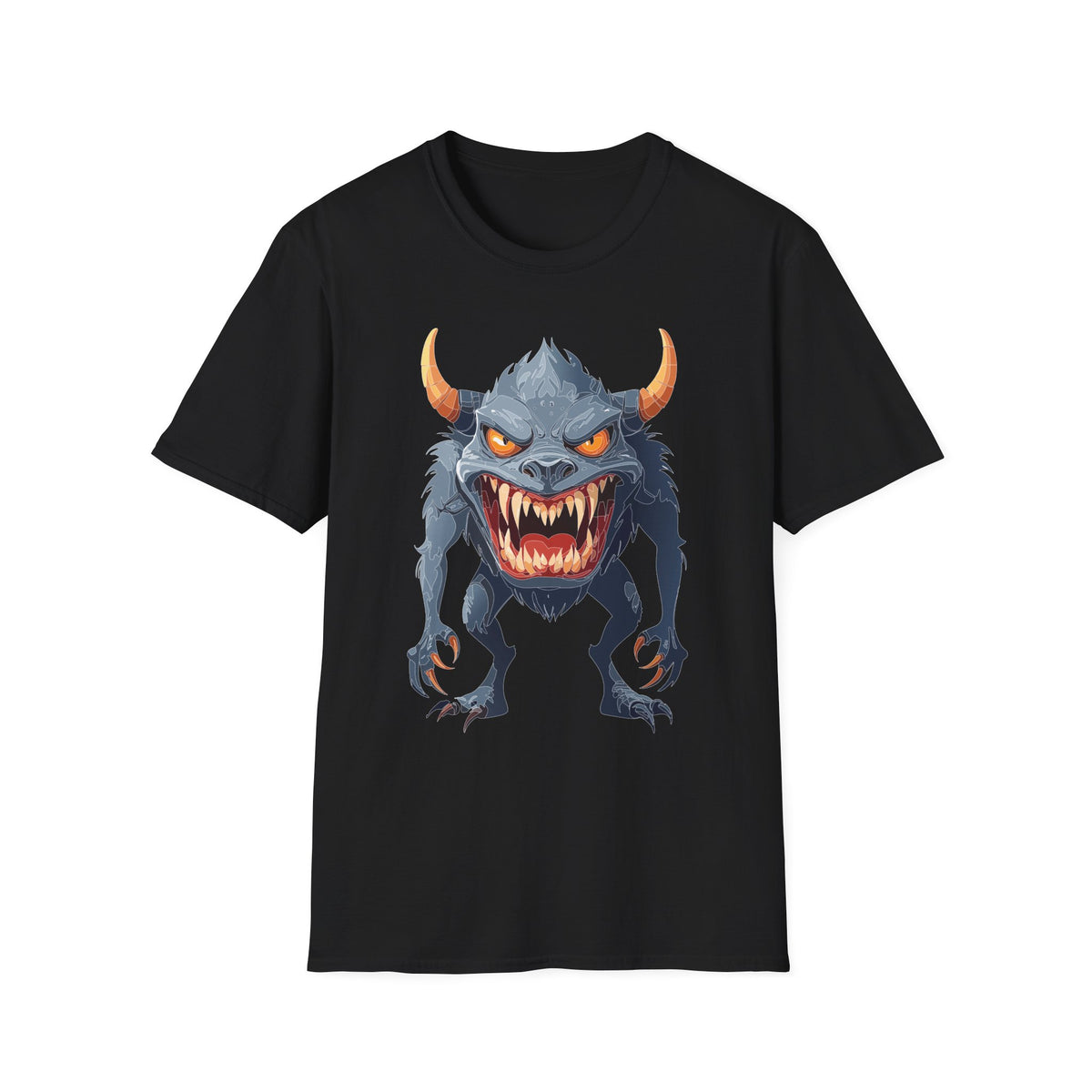 Demonic Monster Graphic T-Shirt — Fierce Horned Creature Cartoon Graphic Tee Unisex 100 Cotton Gildan T-Shirt