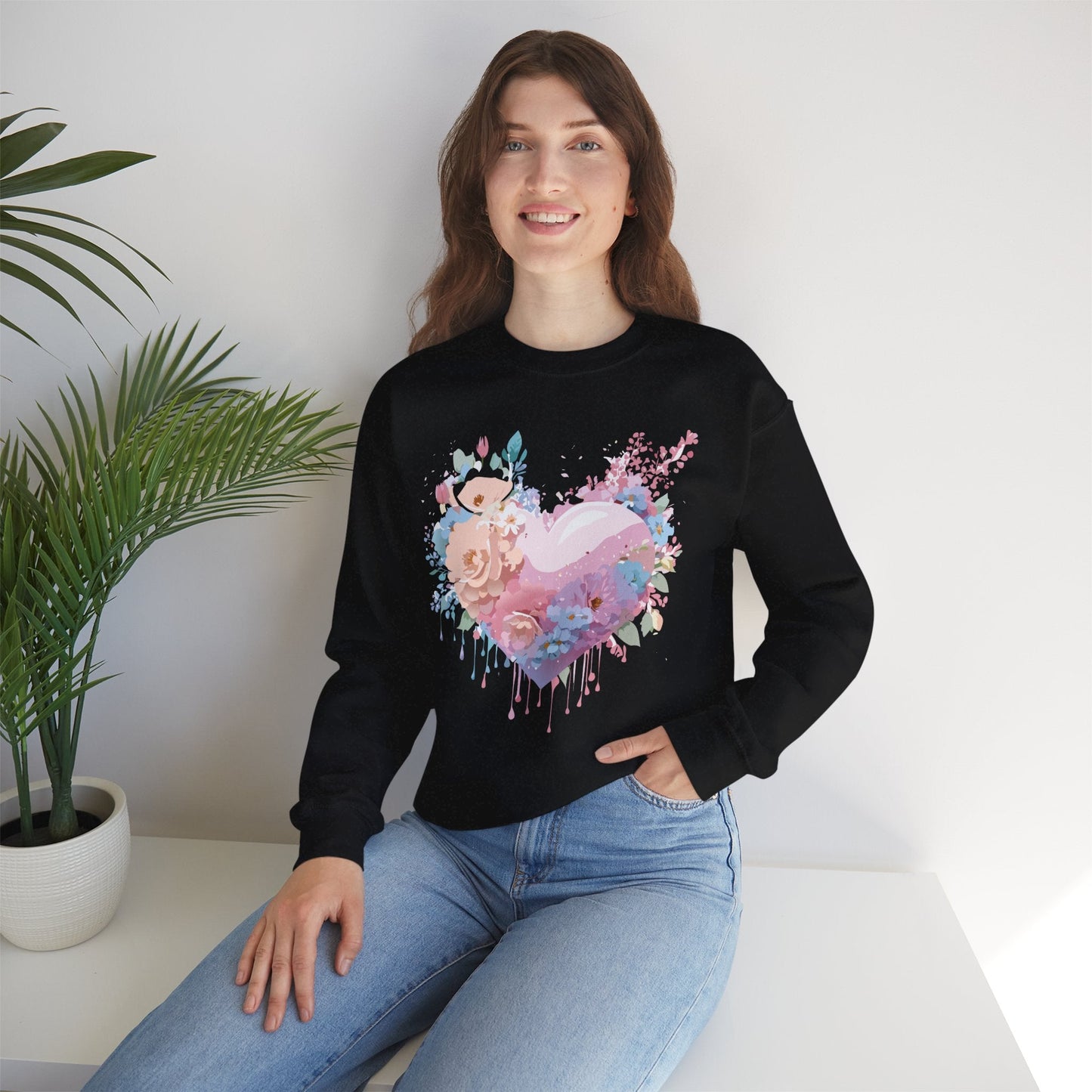 Floral Heart Sweatshirt Unisex Crewneck Valentines Day Floral Love Gildan 18000 Premium