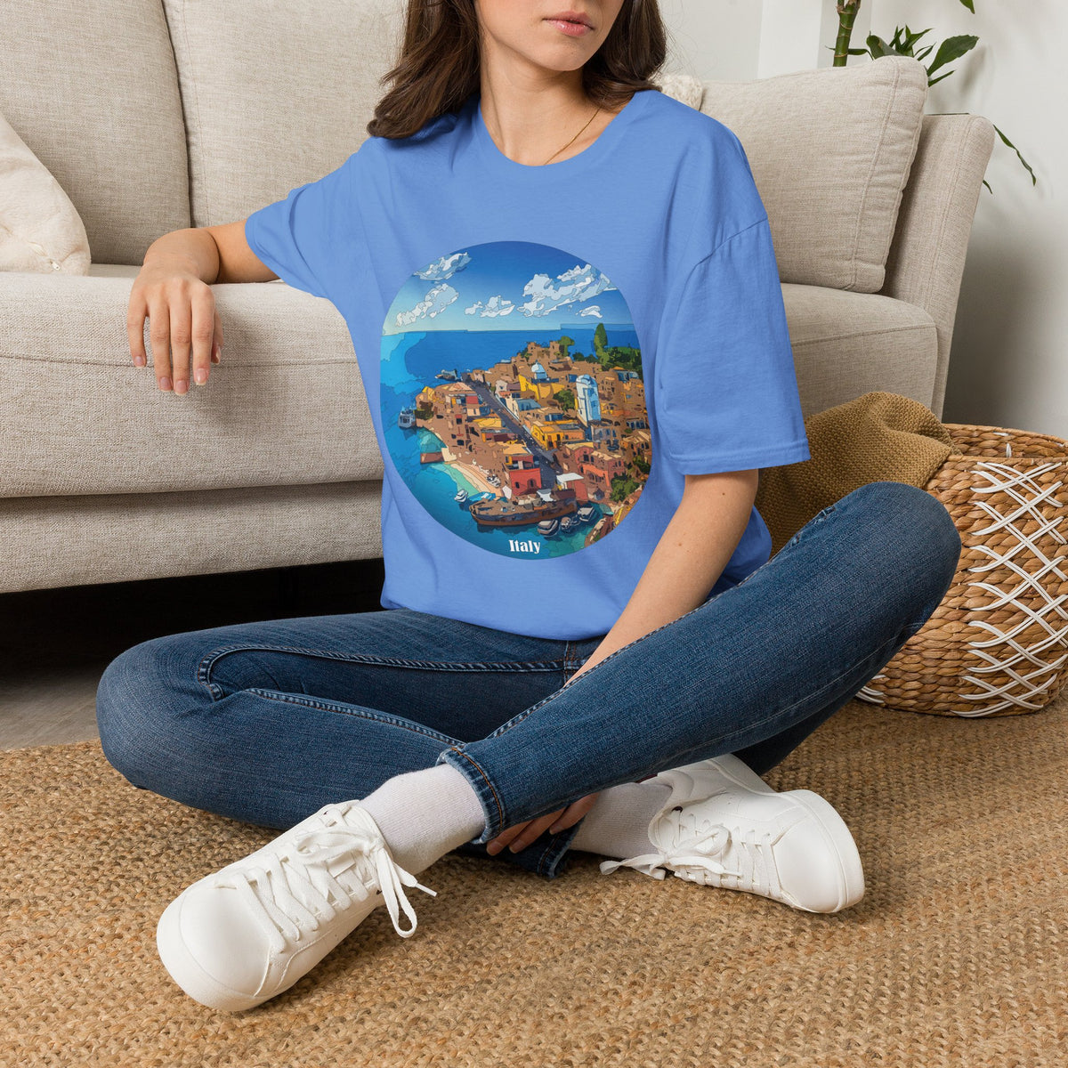 Italy Mediterranean Coastal Village Illustration T-Shirt | Seaside Landscape Tee