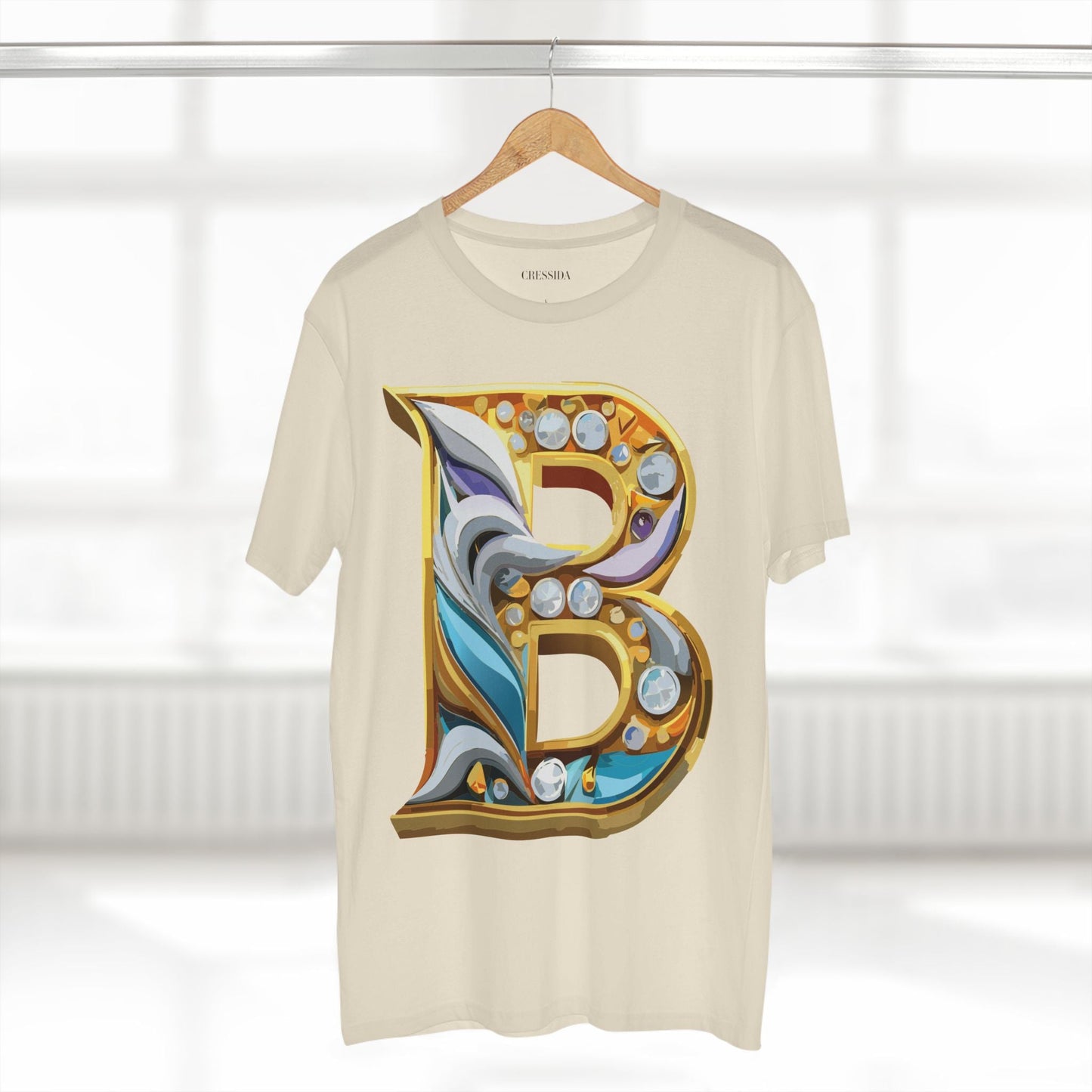 Letter B Graphic Design Tee Unisex 100 Cotton With Antique Gold Letters Artwork T-Shirt