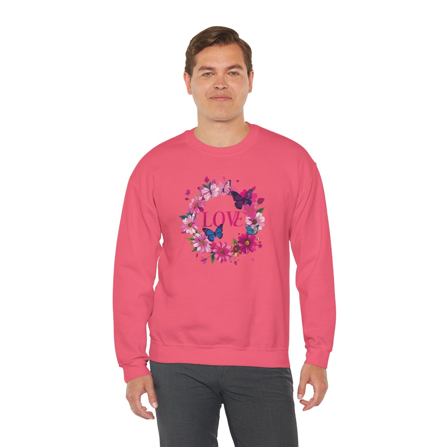 Unisex Floral Love Sweatshirt, Love Floral Sweatshirt, Floral Butterfly Sweatshirt, 50/50 Cotton-Poly Valentine's Day Sweatshirt 04