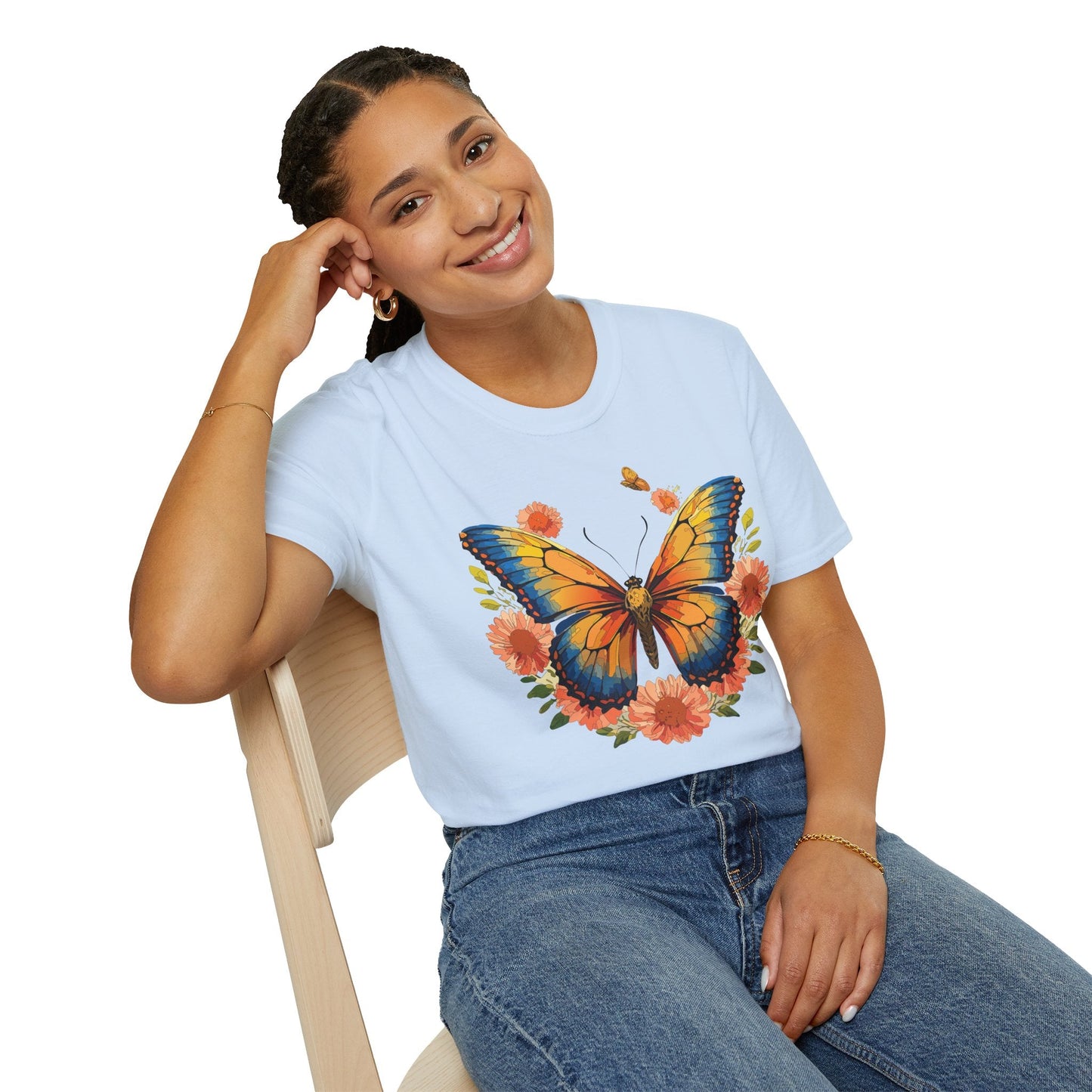 Butterfly T Shirt Unisex Softstyle Gildan 64000 Monarch Print 100 Percent Ring Spun Cotton