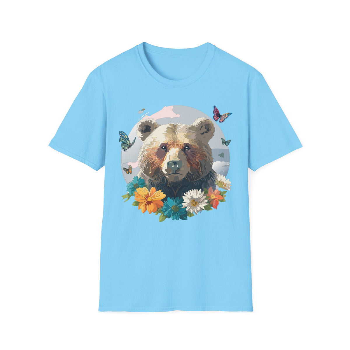 Bear Portrait with Butterflies T-Shirt | Floral Nature Animal Graphic Tee Unisex 100 Cotton Gildan T-Shirt
