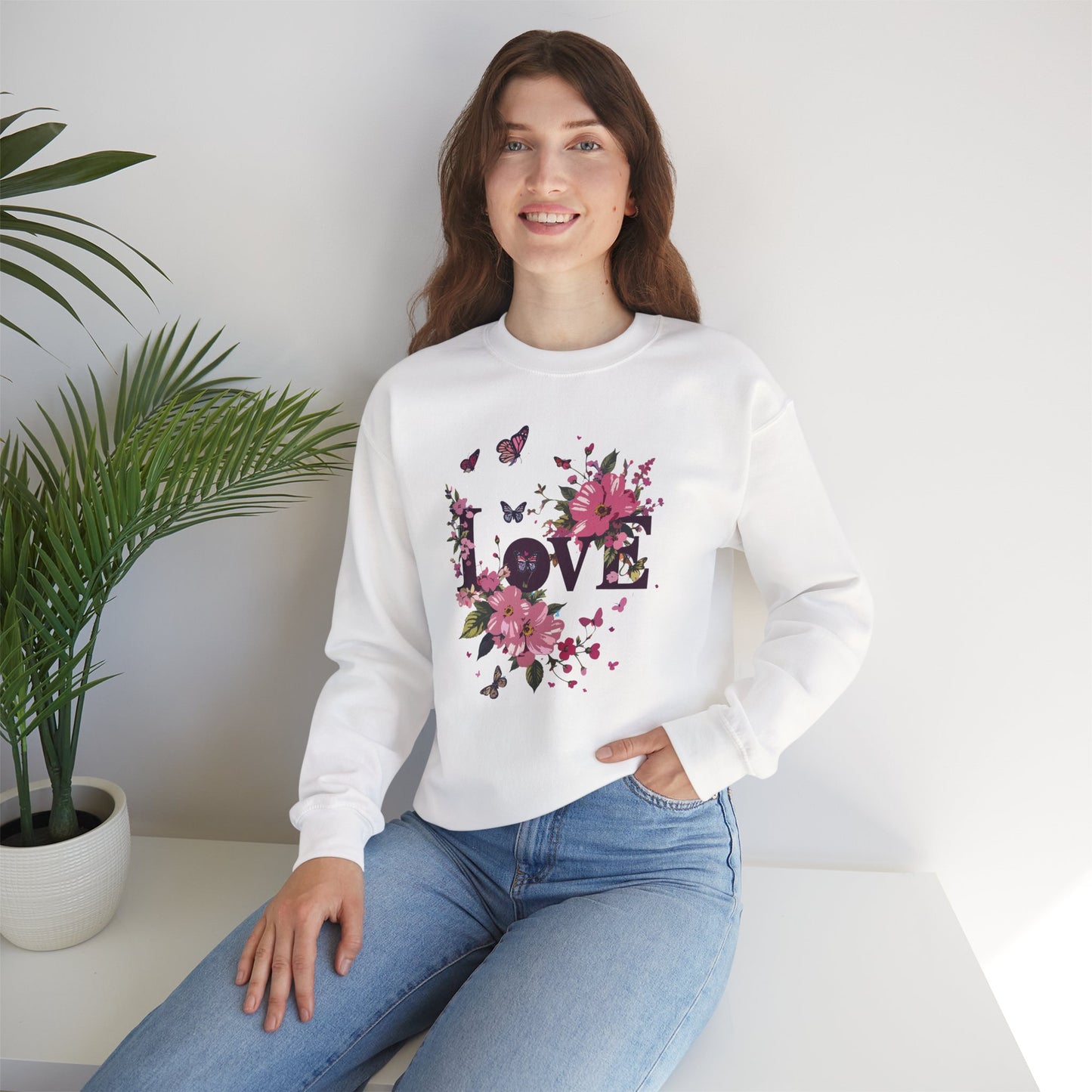 Unisex Floral Love Sweatshirt, Love Floral Sweatshirt, Floral Butterfly Sweatshirt, 50/50 Cotton-Poly Valentine's Day Sweatshirt 05
