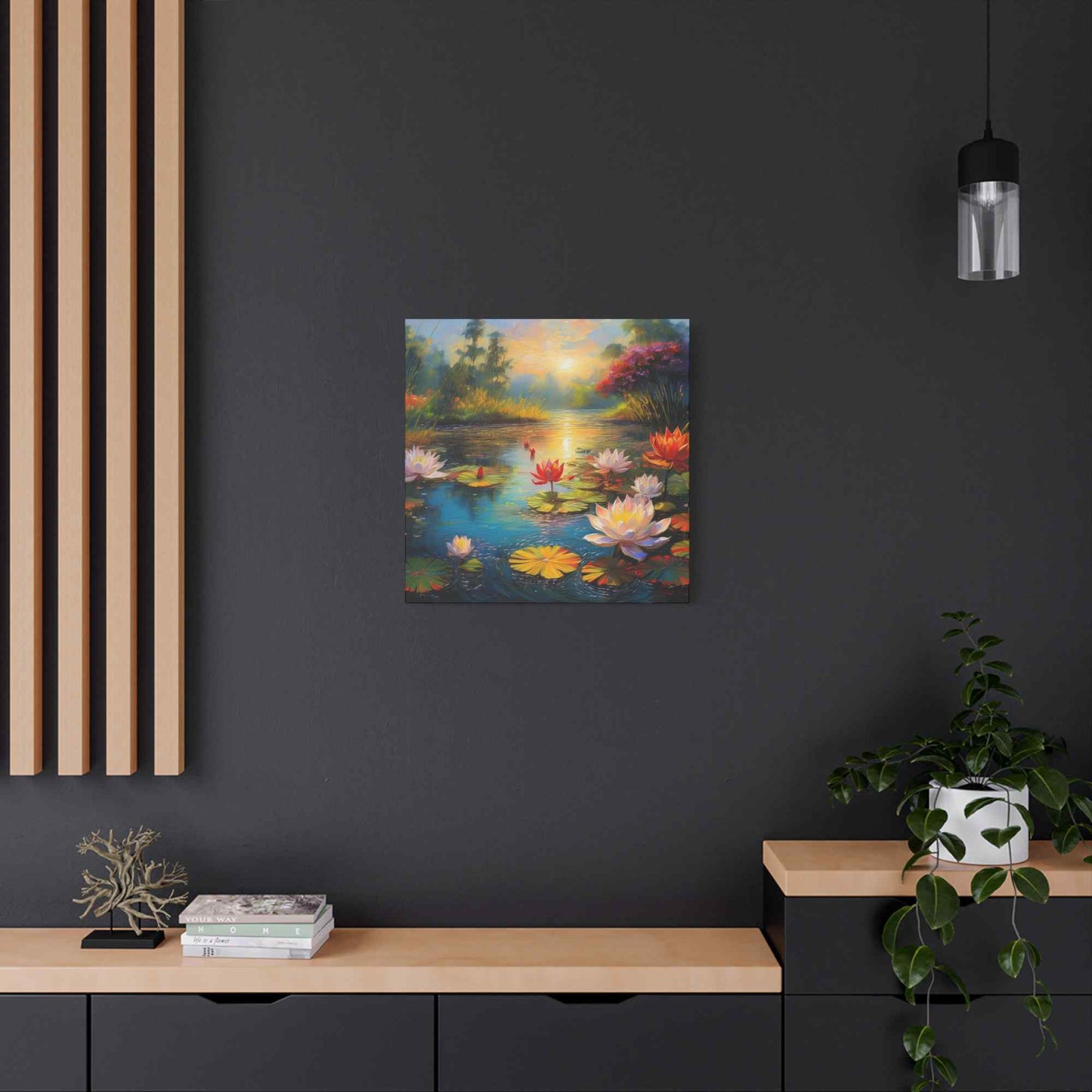 Water Lilies Print Canvas, Oil Paint Print 20x20, 24x24, 30x30, 32x32, 36x36 Floral Art Print Pine-Wood Inner Frame MC-67