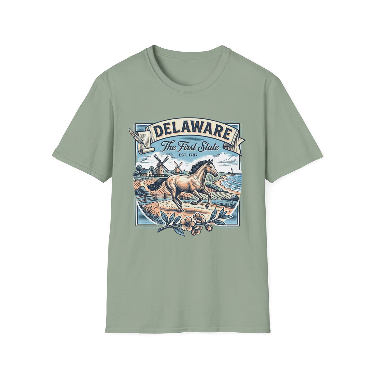 Delaware 'The First State' Scenic Travel Tourist Graphic Tee Unisex 100 Cotton Gildan T-Shirt