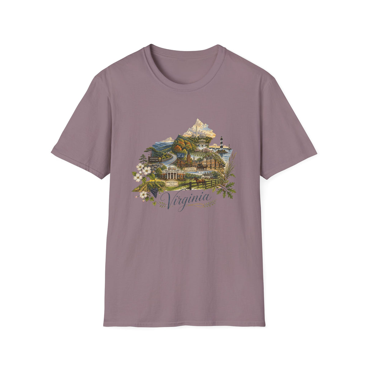 Virginia State Scenic T-Shirt — Vintage Mountains & Coastal Landmarks Travel Tourist Graphic Design Unisex 100 Cotton Gildan T-Shirt