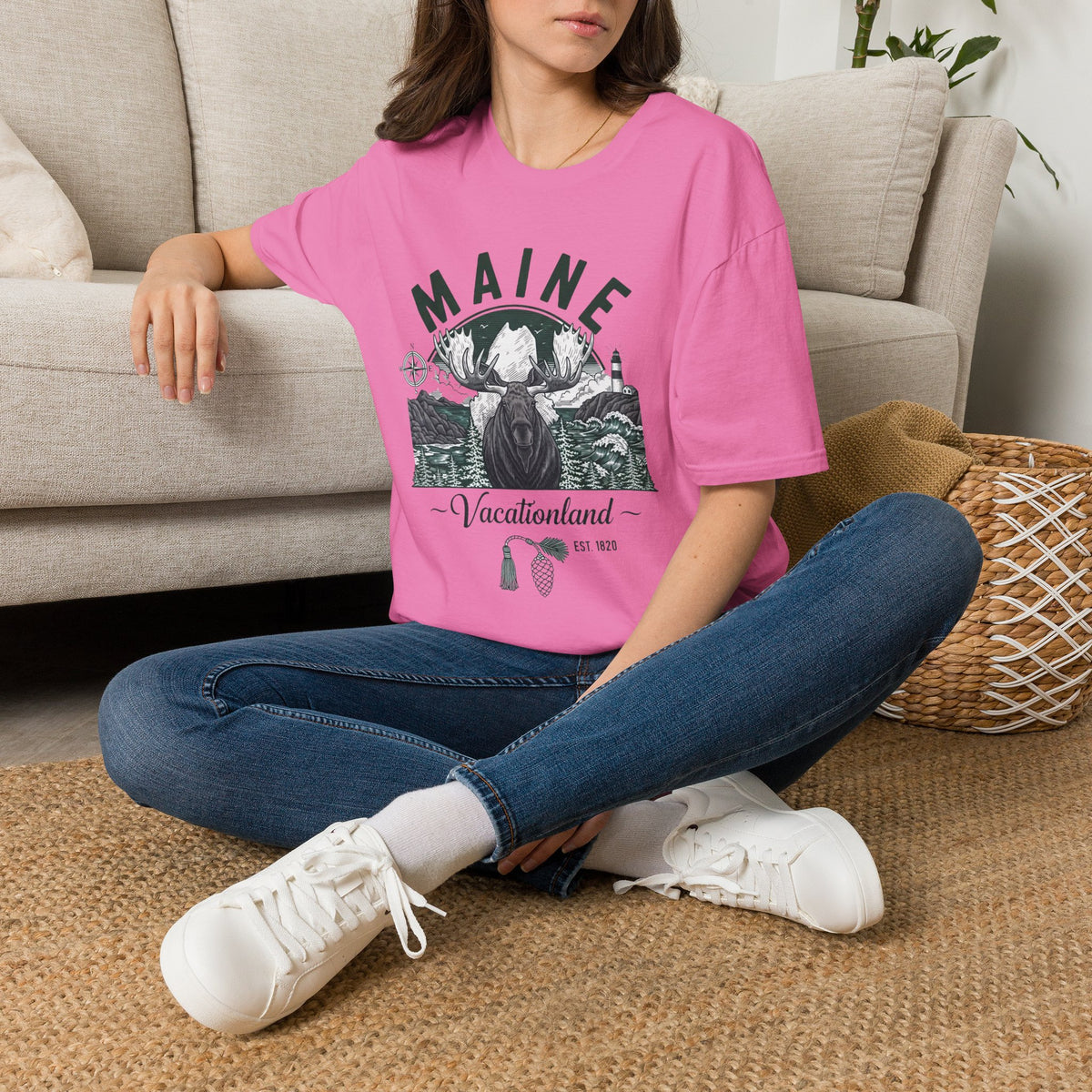 Maine Vacationland Moose T-Shirt — Rustic Coastal State Pride Tee Travel Tourist Graphic Design Unisex 100 Cotton Gildan T-Shirt