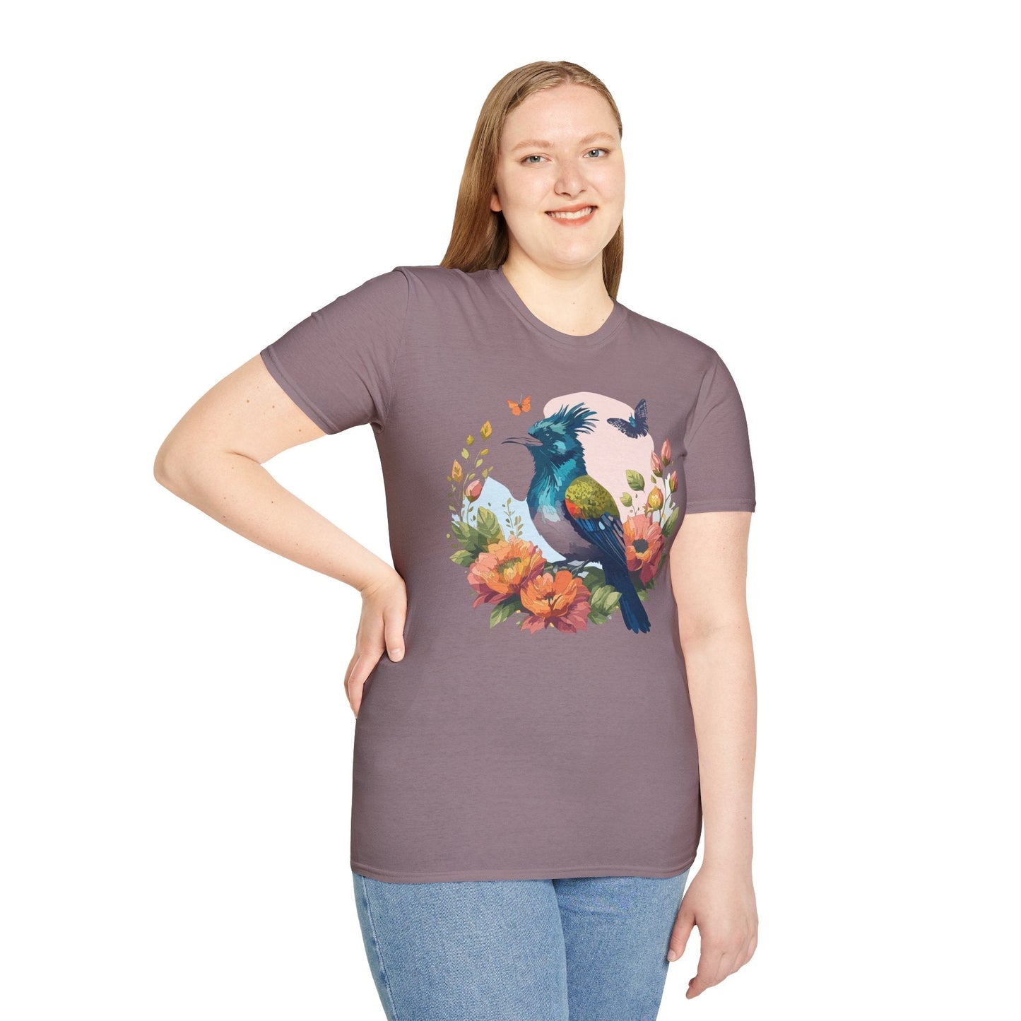 Floral Bird T Shirt Unisex Tee 100 Percent Ring Spun Cotton Softstyle Gildan 64000 Comfort Fit