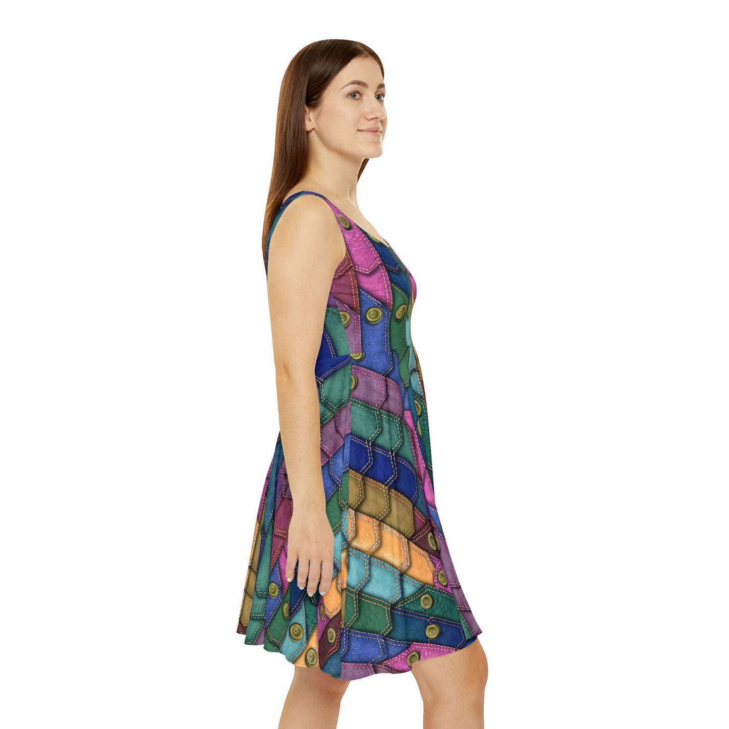 Women Denim Print Skater Dress, Denim Print Poly-Span Dress - 11