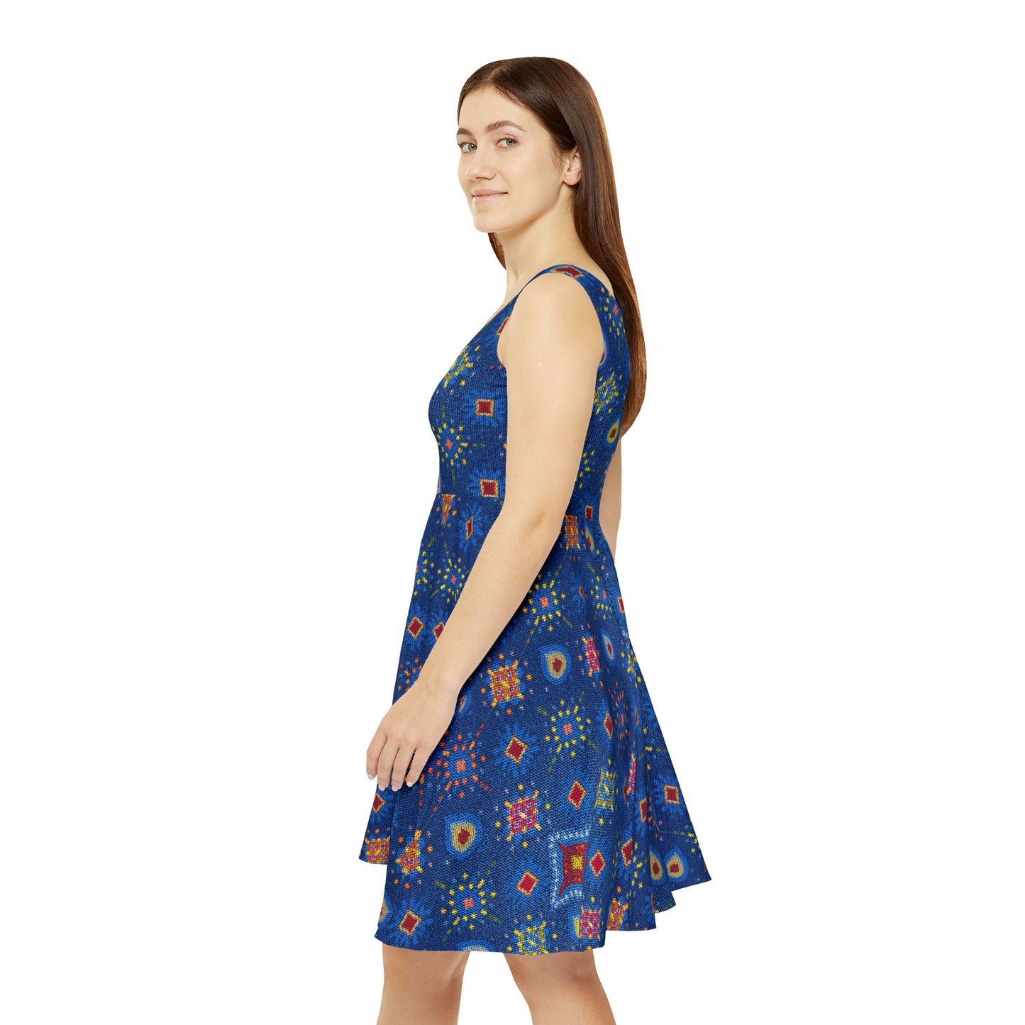 Women Diwali Denim Print Skater Dress, Denim Print Poly-Span Dress - 45