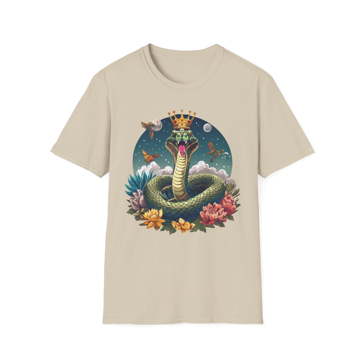 Crowned Snake Illustration T-Shirt | Regal Serpent, Floral Night Scene