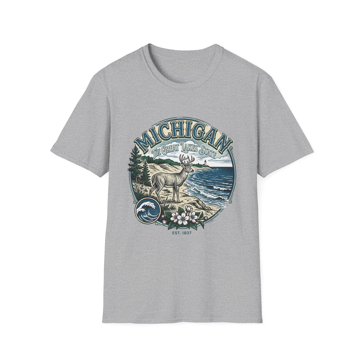 Michigan Deer Scenic T-Shirt — Vintage Great Lakes Travel Tourist Graphic Design Unisex 100 Cotton Gildan T-Shirt