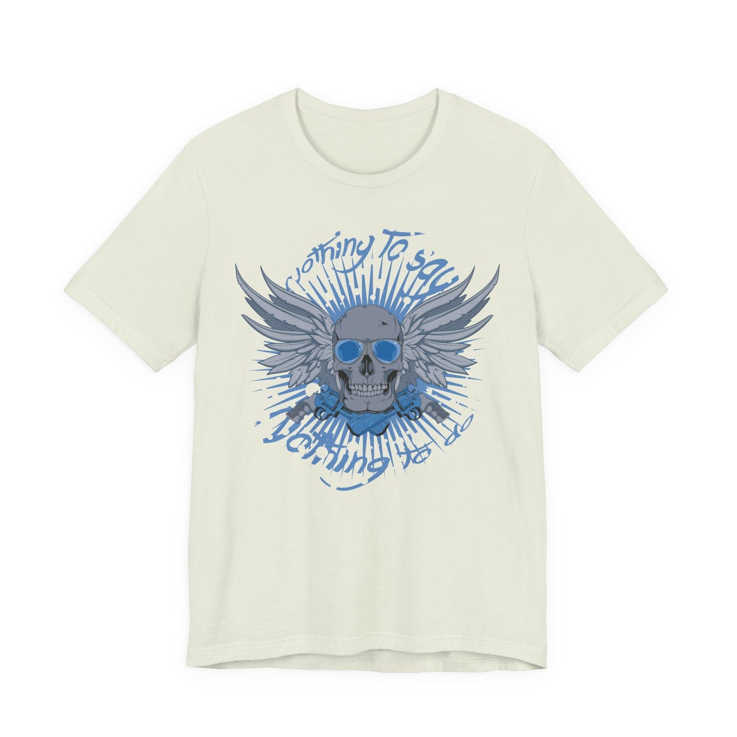 Winged Skull Graphic Tee | Blue Skull with Wings, Radiant Burst