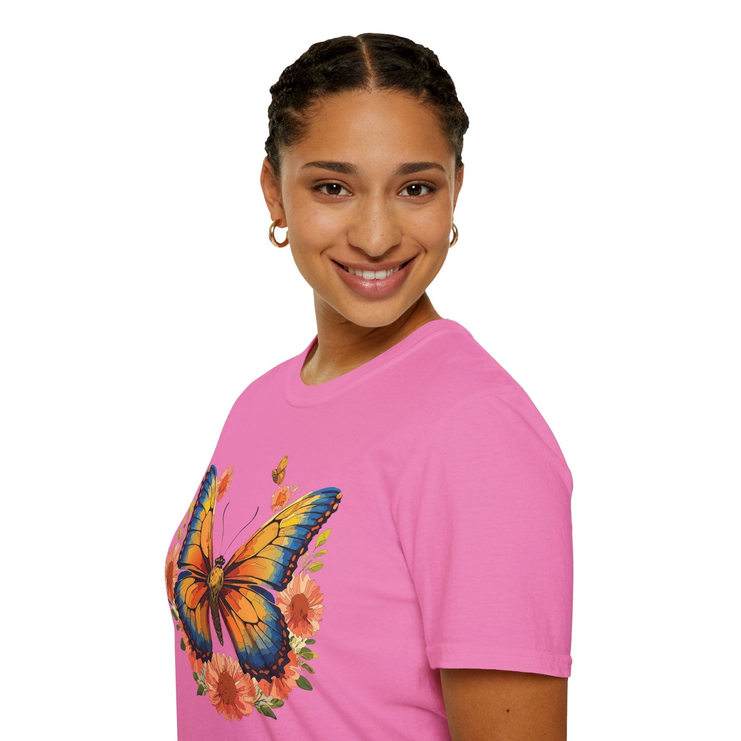 Butterfly T Shirt Unisex Softstyle Gildan 64000 Monarch Print 100 Percent Ring Spun Cotton