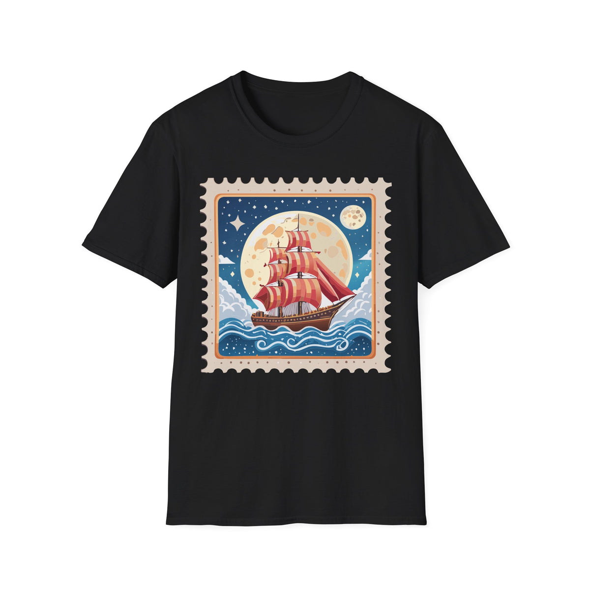 Red Sail Ship Moon Stamp T-Shirt | Nautical Vintage Illustration