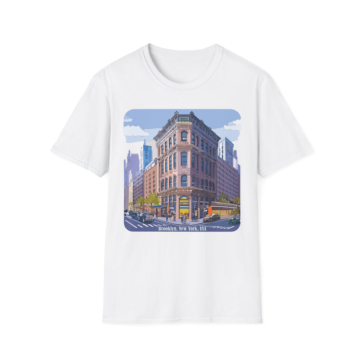 Brooklyn New York Retro Cityscape T-Shirt — Illustrated Landmark Tee Travel Tourist Graphic Design Unisex 100 Cotton Gildan T-Shirt