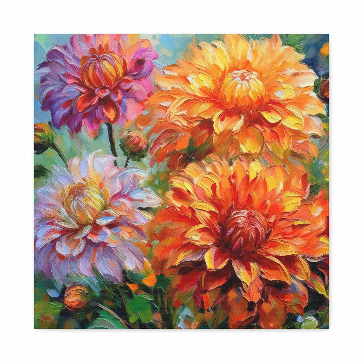 Dahlias Floral Print Canvas, Floral Oil Paint Print 20x20, 24x24, 30x30, 32x32, 36x36 Art Design Pine-Wood Inner Frame MC-166