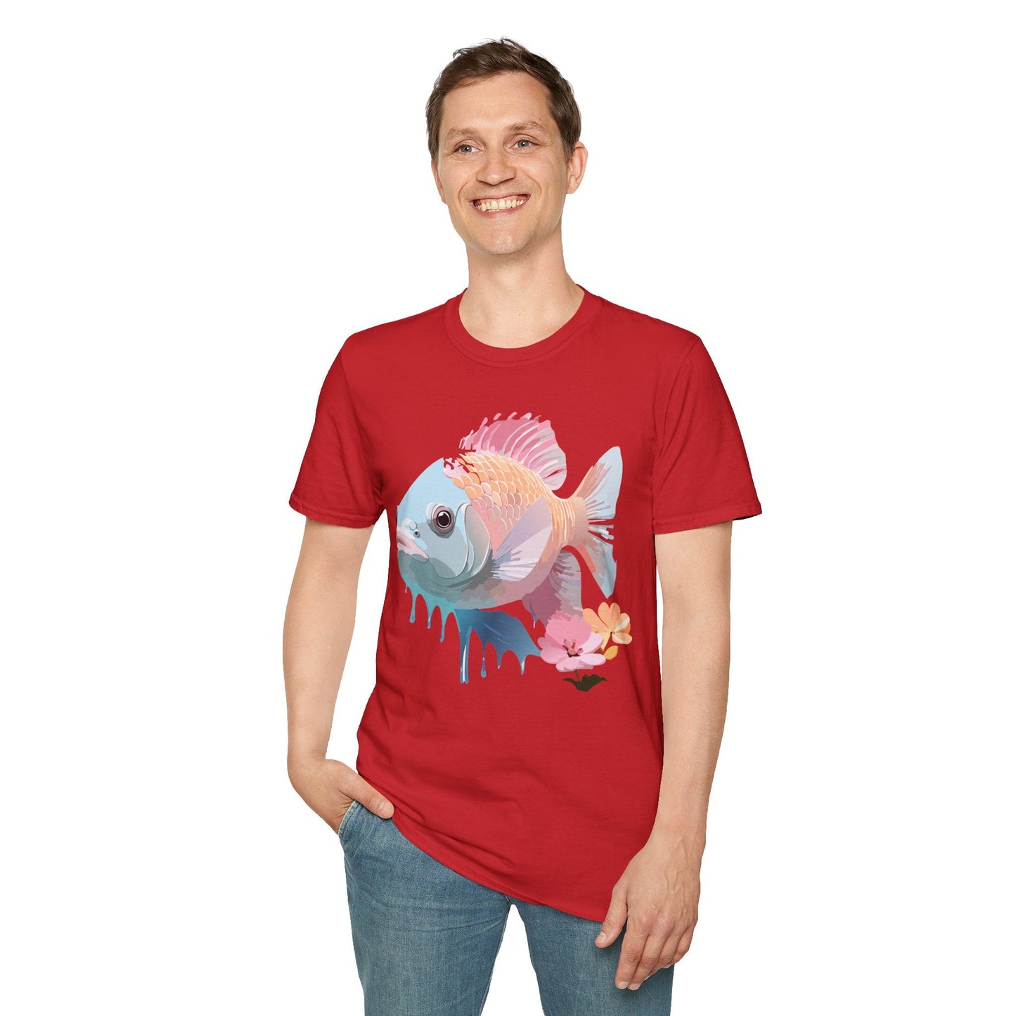 Fish Art Design Shirt Unisex Graphic Tee 100 Percent Ring Spun Cotton Softstyle Gildan 64000