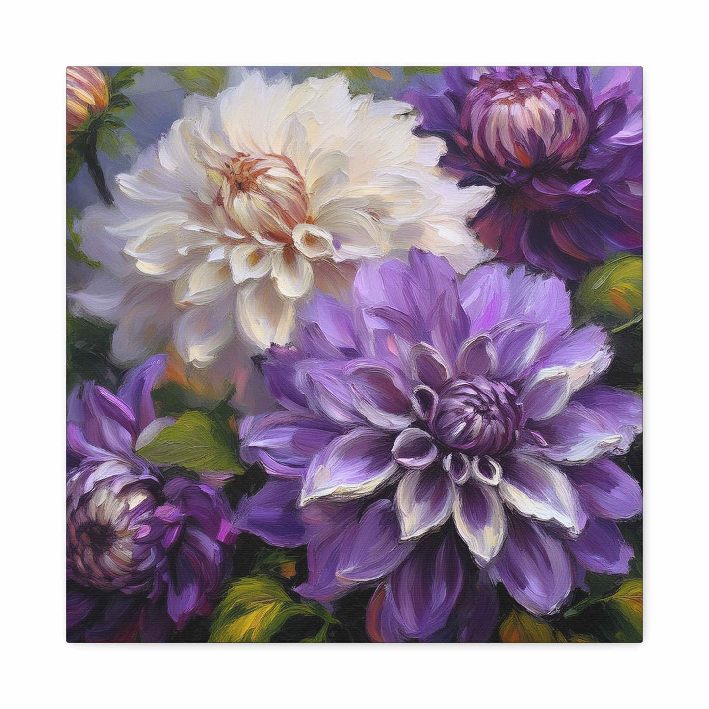 Dahlias Floral Print Canvas, Floral Oil Paint Print 20x20, 24x24, 30x30, 32x32, 36x36 Art Design Pine-Wood Inner Frame MC-172