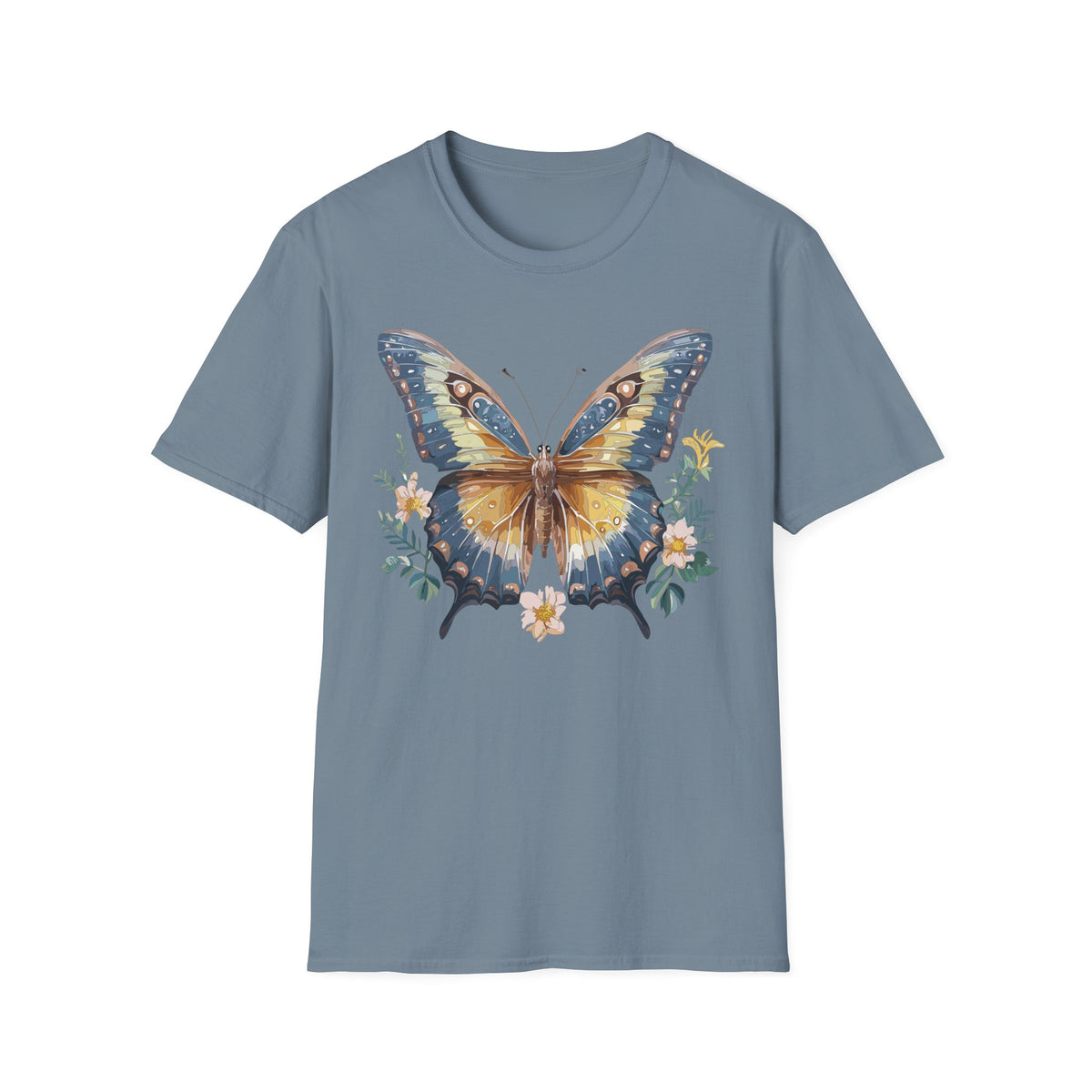 Golden Blue Butterfly T-Shirt | Botanical Accent Graphic Tee Unisex 100 Cotton Gildan T-Shirt