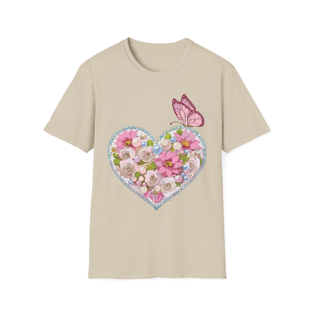Floral Heart with Butterfly T-Shirt | Pink Flower Heart Graphic Tee Unisex 100 Cotton Gildan T-Shirt