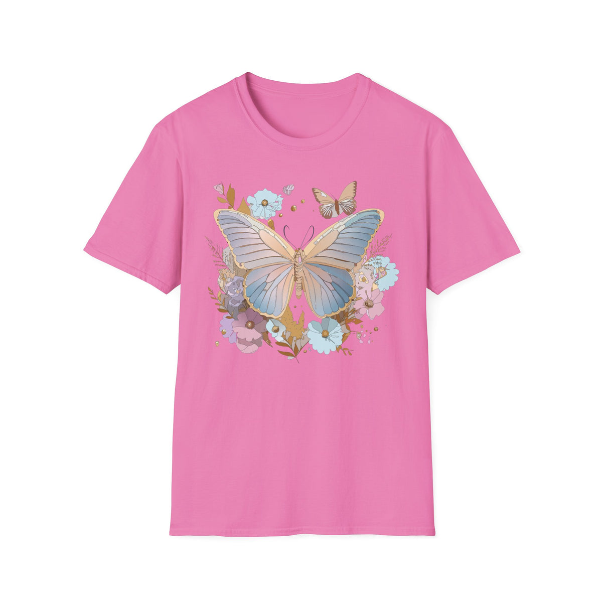 Butterfly Bloom T-Shirt — Pastel Floral Butterfly Graphic Design Unisex 100 Cotton Gildan T-Shirt