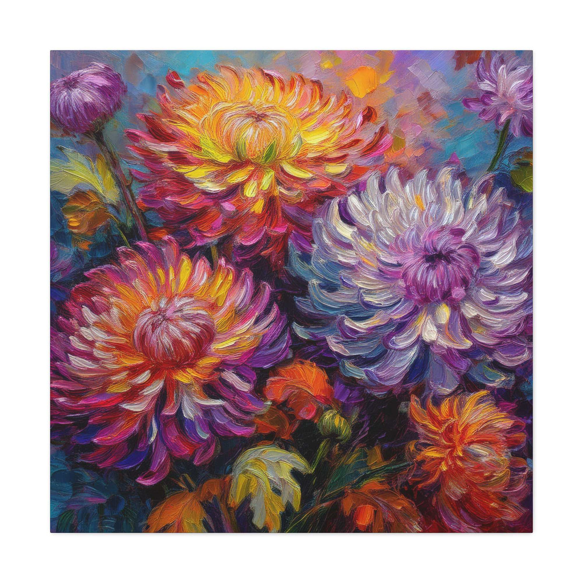 Chrysanthemums Print Canvas, Floral Oil Paint Print 20x20, 24x24, 30x30, 32x32, 36x36 Art Design Pine-Wood Inner Frame MC-158
