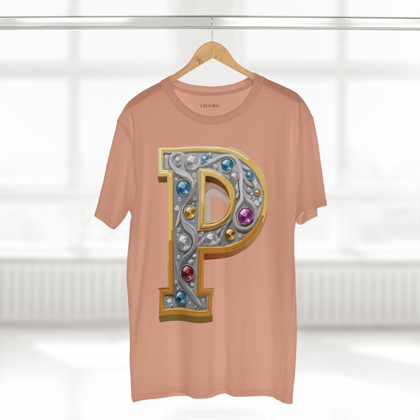 Letter P Graphic Design Tee Unisex 100 Cotton With Antique Gold Letters Artwork T-Shirt