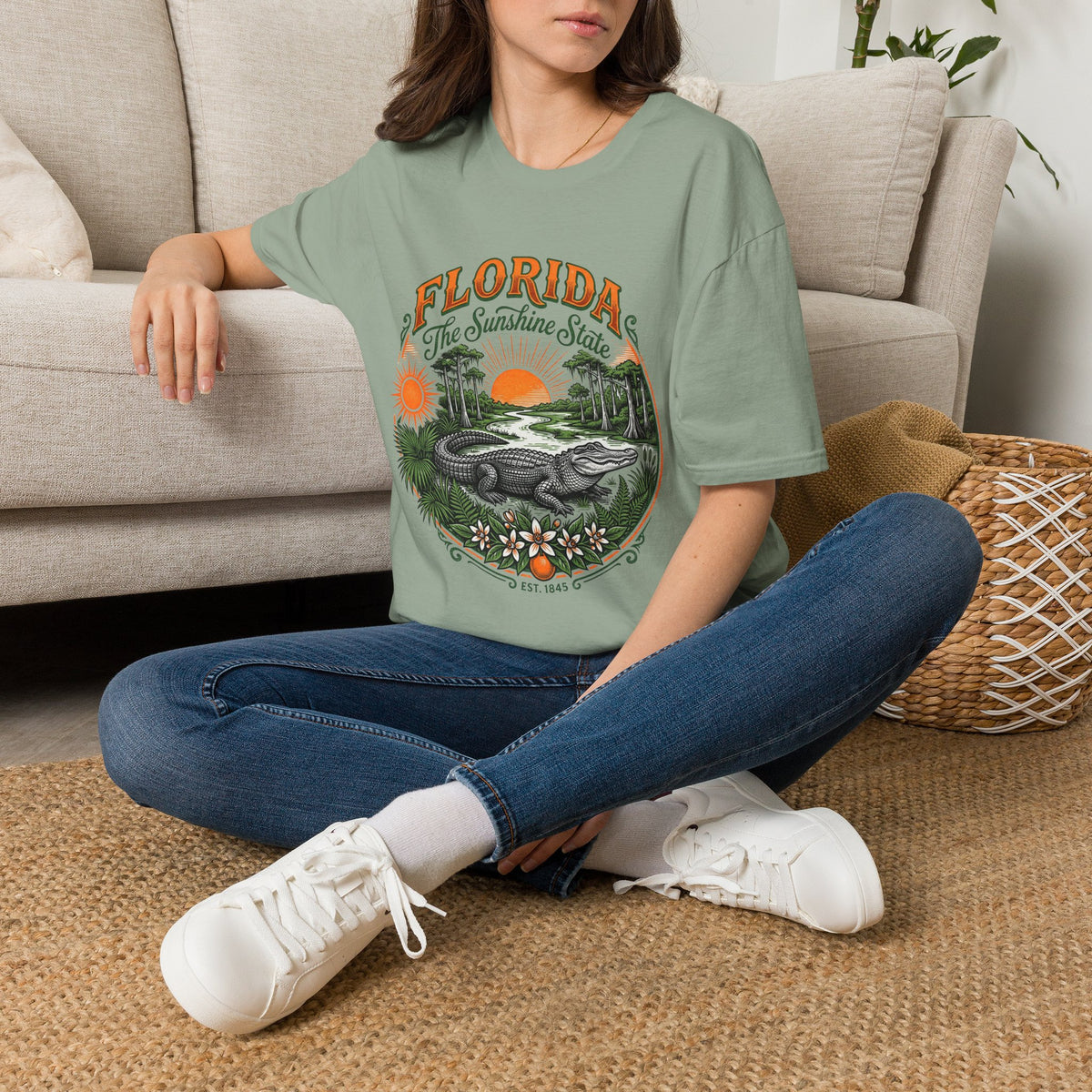 Florida The Sunshine State T-Shirt — Vintage Alligator Sunset Travel Tourist Graphic Design Unisex 100 Cotton Gildan T-Shirt