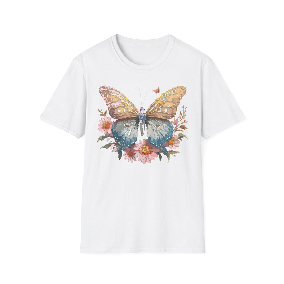 Butterfly Floral T-Shirt – Colorful Nature-Inspired Botanical Gift Graphic Design Unisex 100 Cotton Gildan T-Shirt