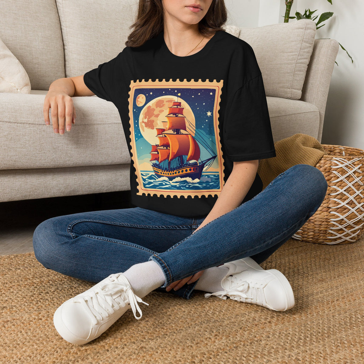 Vintage Sailing Ship T‑Shirt — Nautical Stamp Moonlight Travel Post Graphic Design Unisex 100 Cotton Gildan T-Shirt