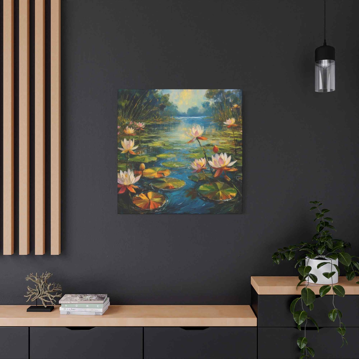 Water Lilies Print Canvas, Oil Paint Print 20x20, 24x24, 30x30, 32x32, 36x36 Art Design Print Pine-Wood Inner Frame MC-62