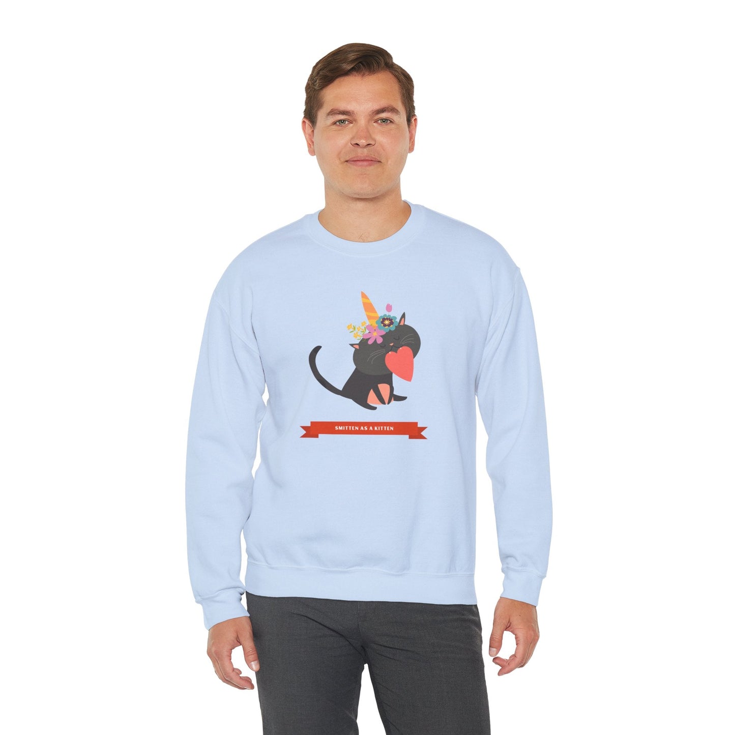 Cat Heart Sweatshirt Unisex Valentine Gift 50/50 Cotton-Poly Crewneck Gildan 18000